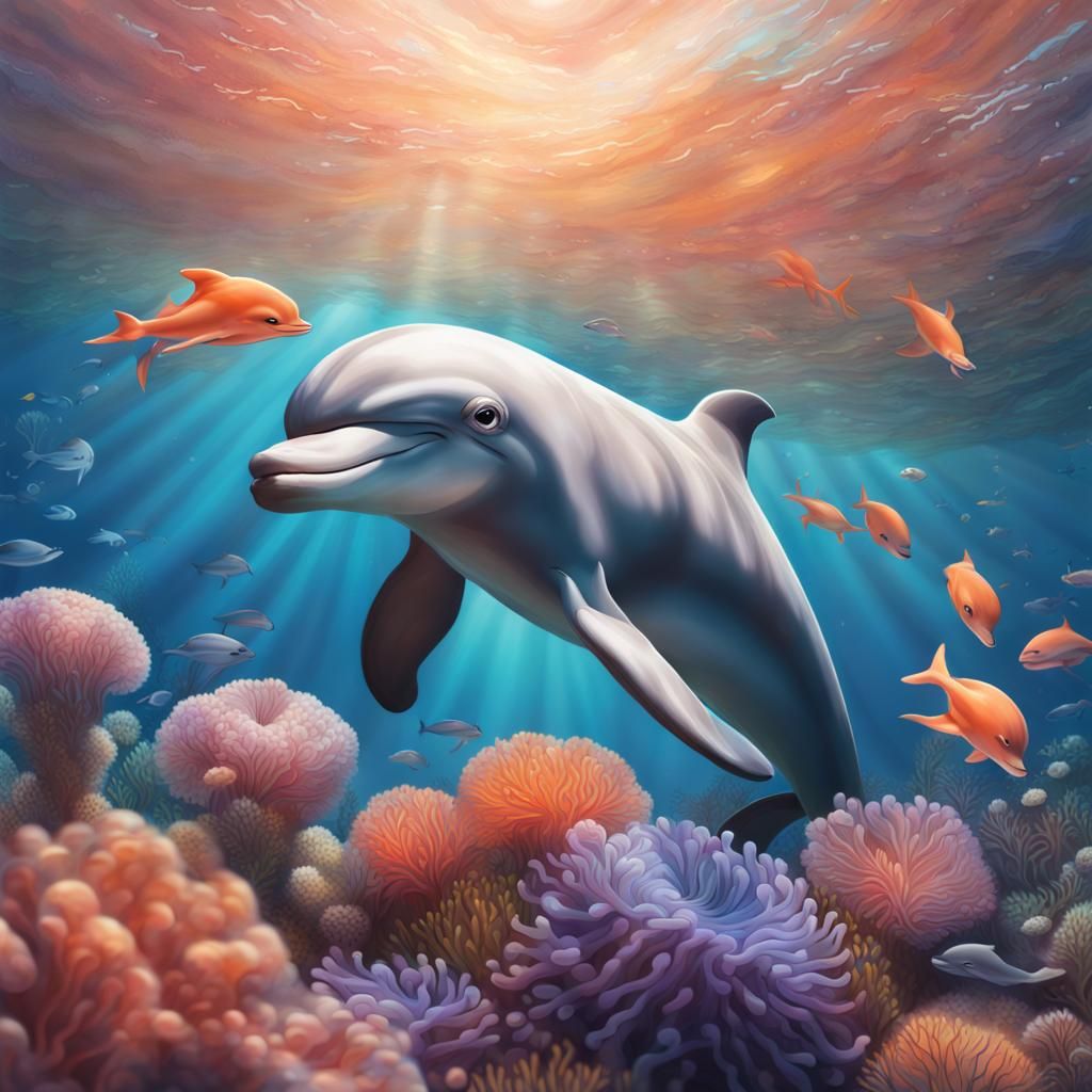 Happy Dolphin in Colorful Coral Reef: Hyperrealistic Splash ...