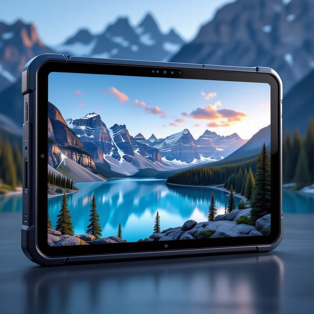 Futuristic 2050 Tablet Shows Canadian Landscape in Cyberpunk...