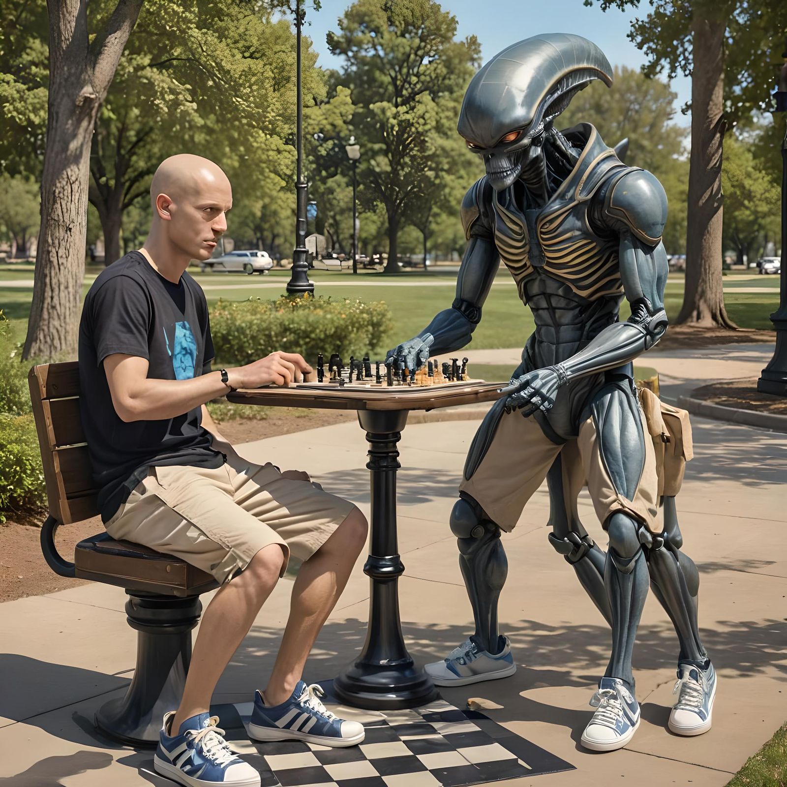 Aliens Play Chess in Park: Comic Book Art