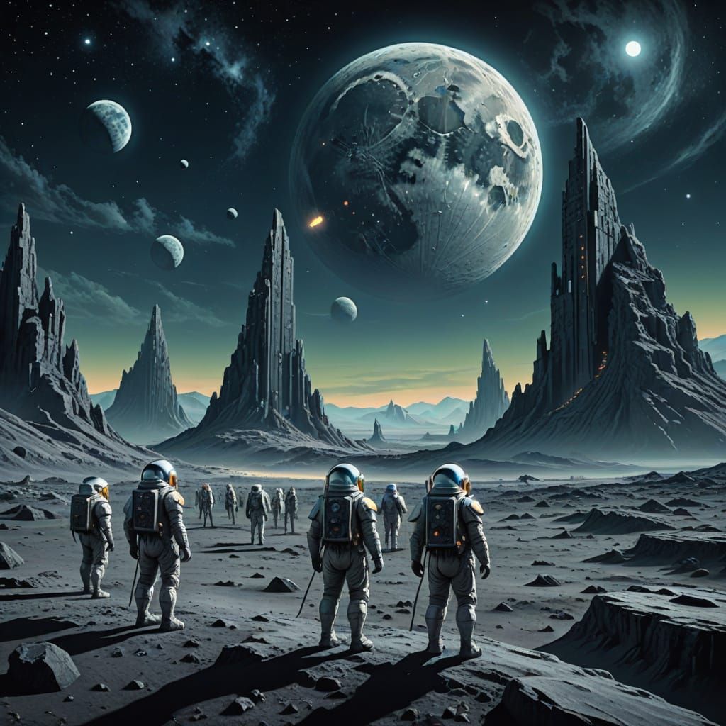 Druids on the Moon in Digital Painting Style