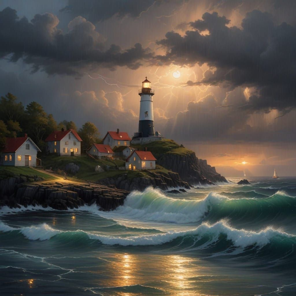 Coastal Village Lighthouse Guiding Through Stormy Seas
