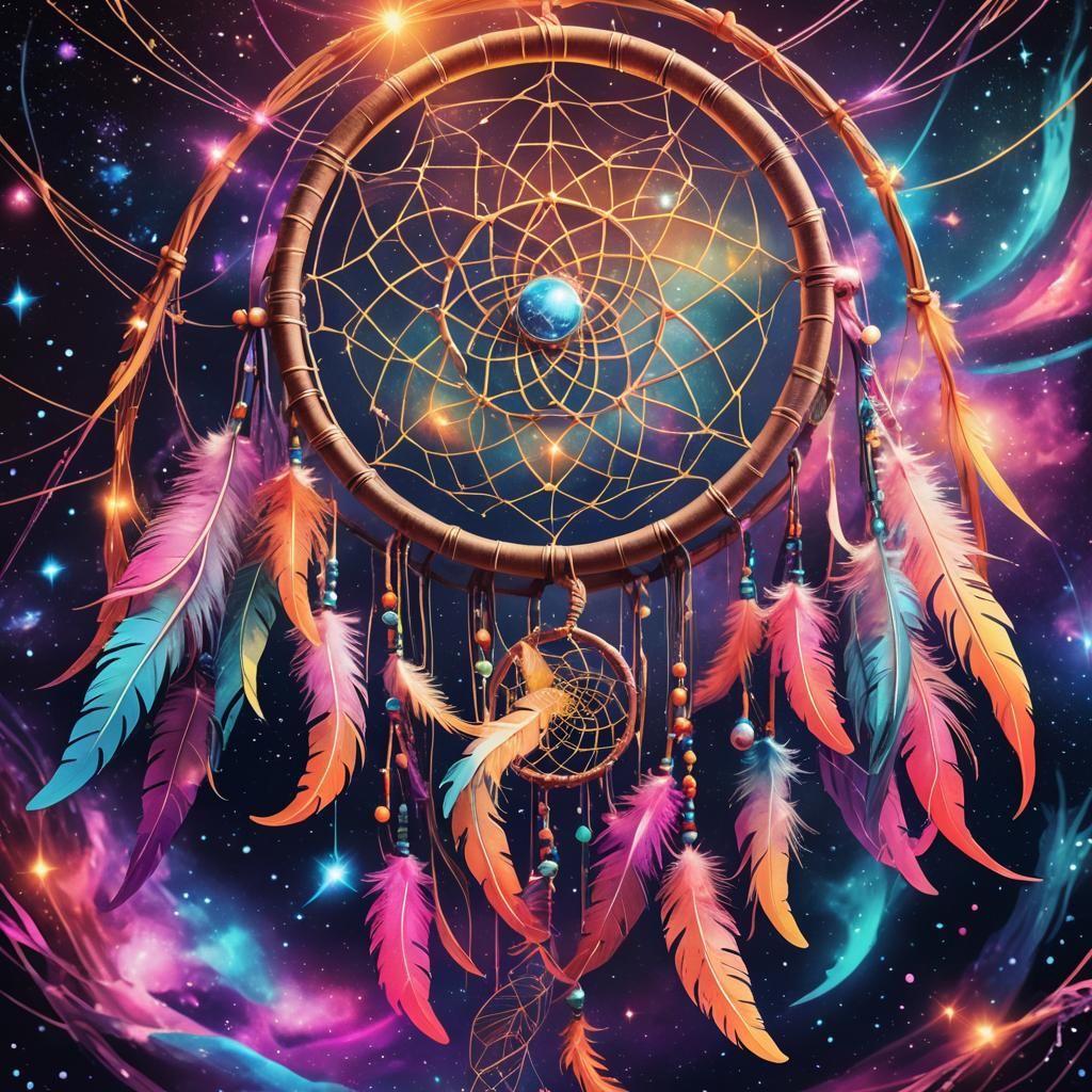 Cosmic Dream Catcher in Surreal Neon Illustration