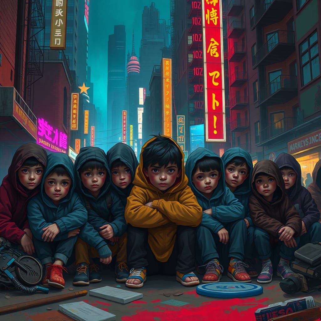 Homeless Children in Dystopian Cityscape, Matte Painting