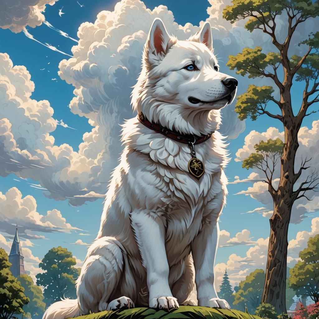 Husky Puppy in Park, Comic Book Art Style