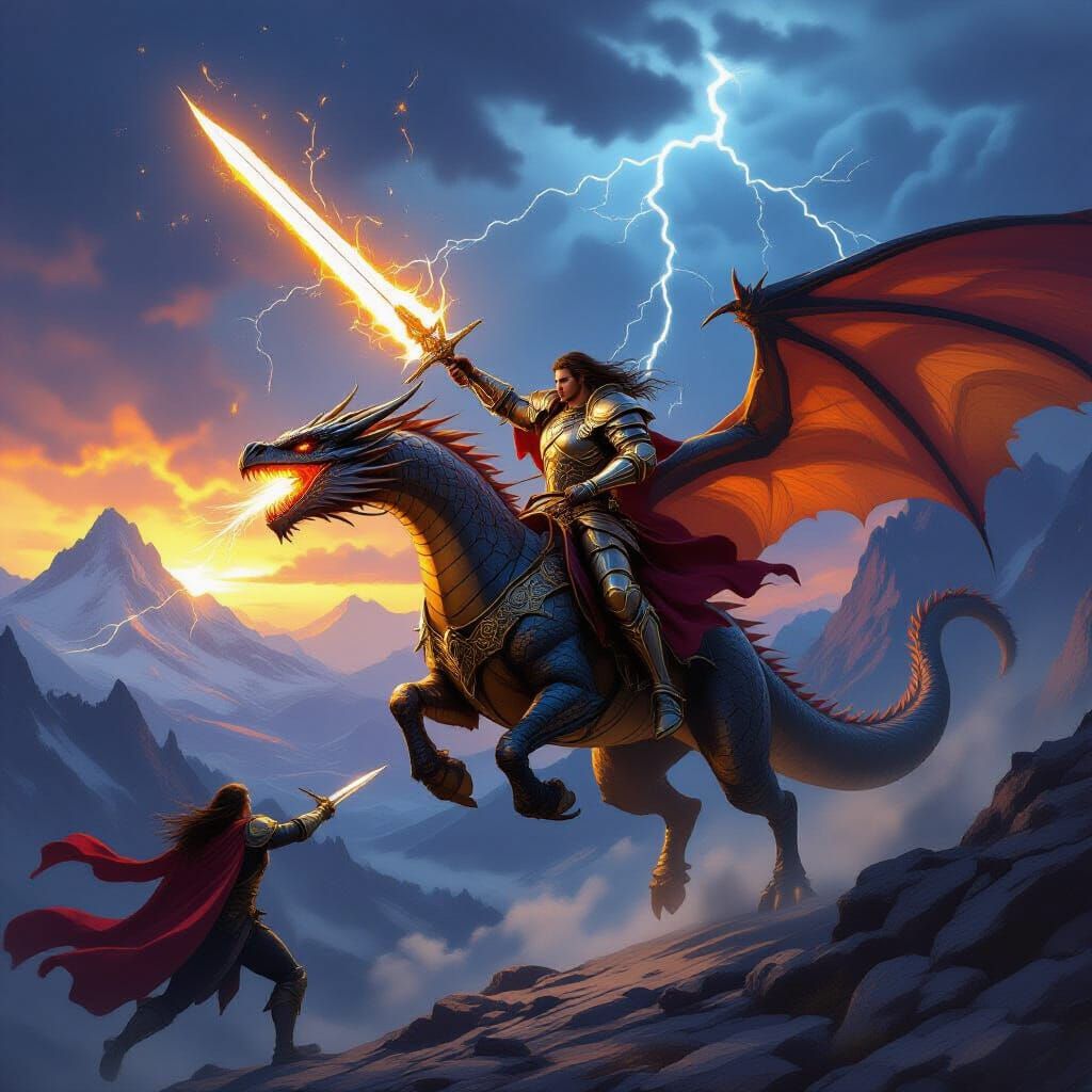 Warrior Dragon Rider Battles Enemy in Epic Fantasy Art