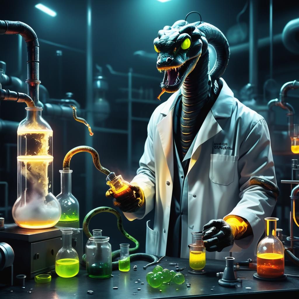 Sci-Fi Snake Scientist in Neon-Noir Lab