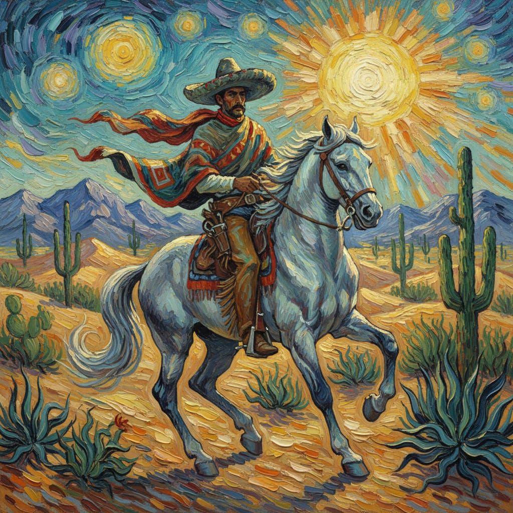 Mexican Bandit on Horseback in Sun-Drenched Desert