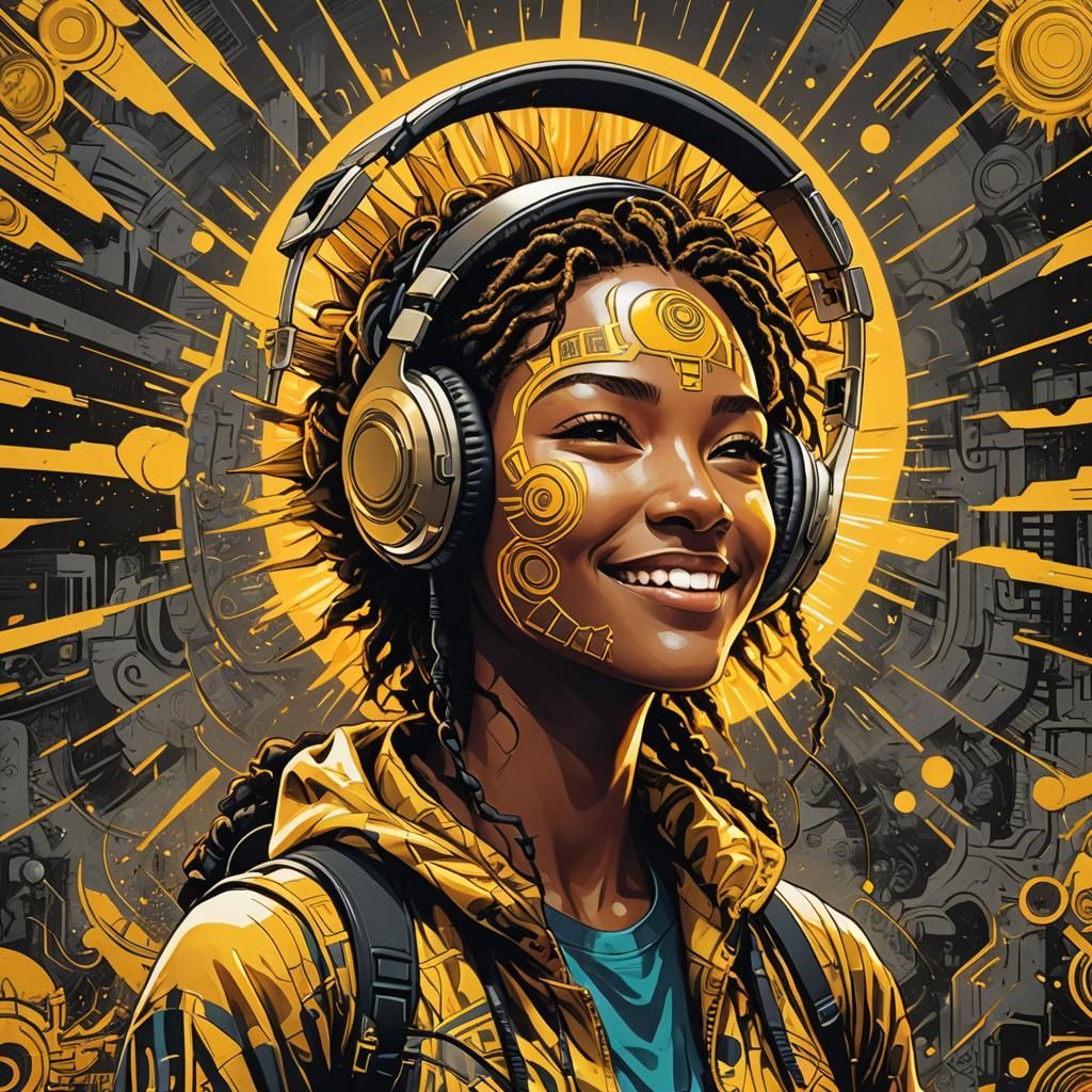Smiling Sun with Headphones in Comic Book Style