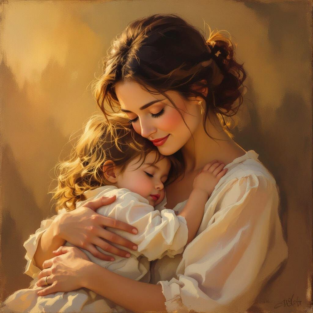 Loving Mother Embraces Child in Golden Hour Light