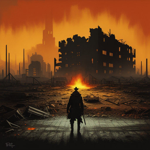 Surreal Post-Apocalyptic Cityscape in Vibrant Oil Painting S...