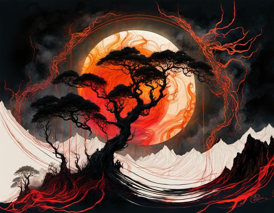 Ominous Solar Eclipse with Bonsai Tree in Pagan Concept Art