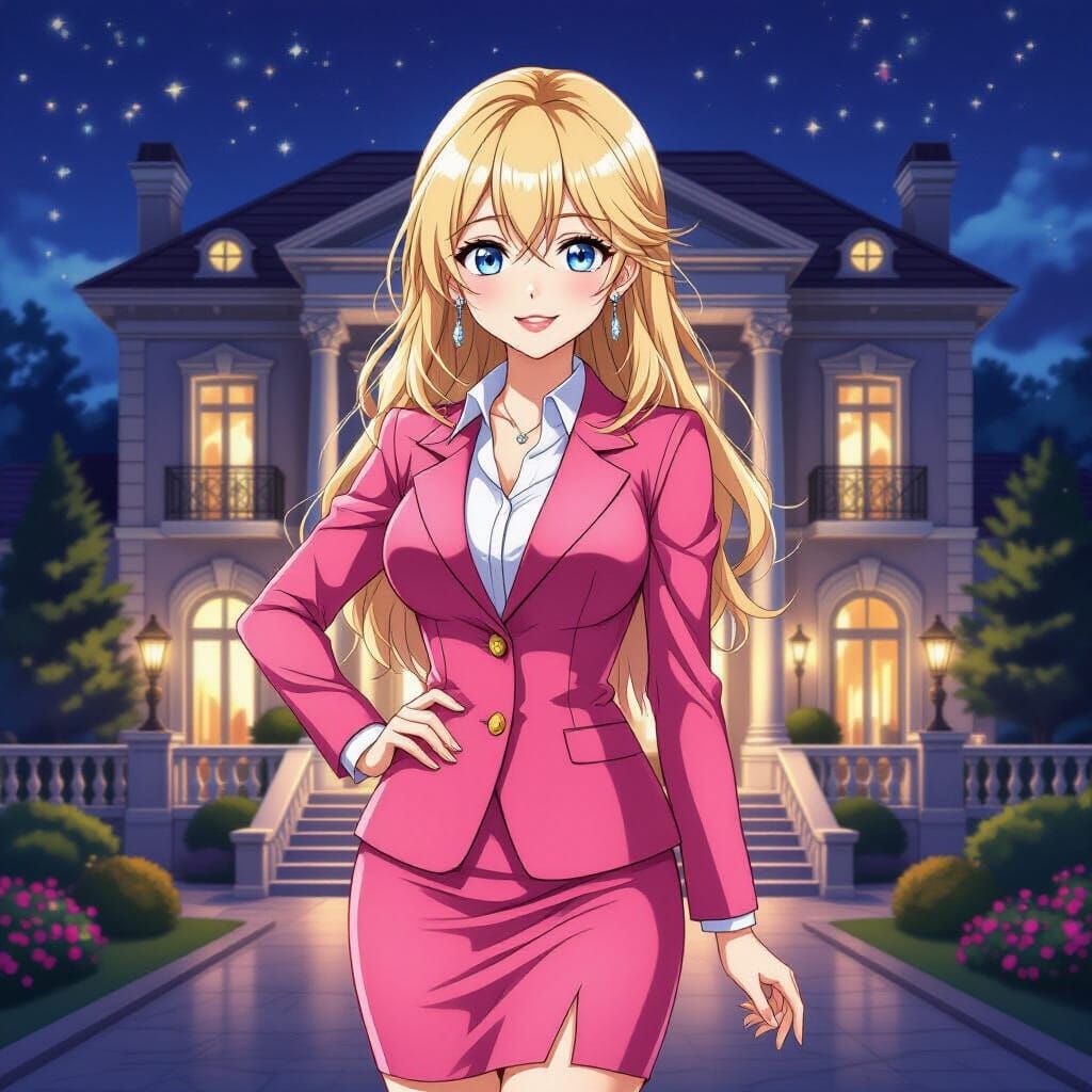 Anime Woman in Pink Business Attire at Mansion