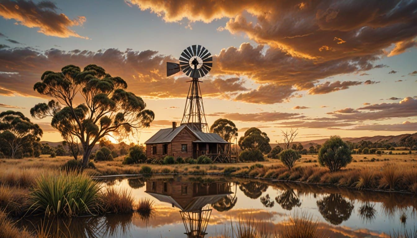 Outback Windmill and Gumtree Reflecting in Pond