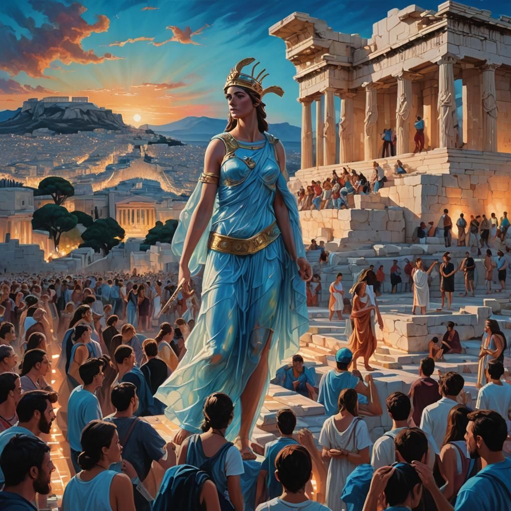 Athena Celebrates in Athens: A Neon Oil Painting