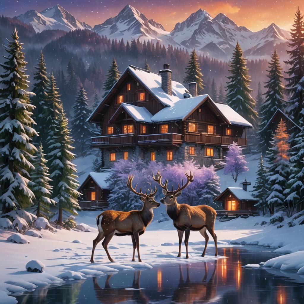 Deer on Frozen Lake at Dawn in Swiss Alps