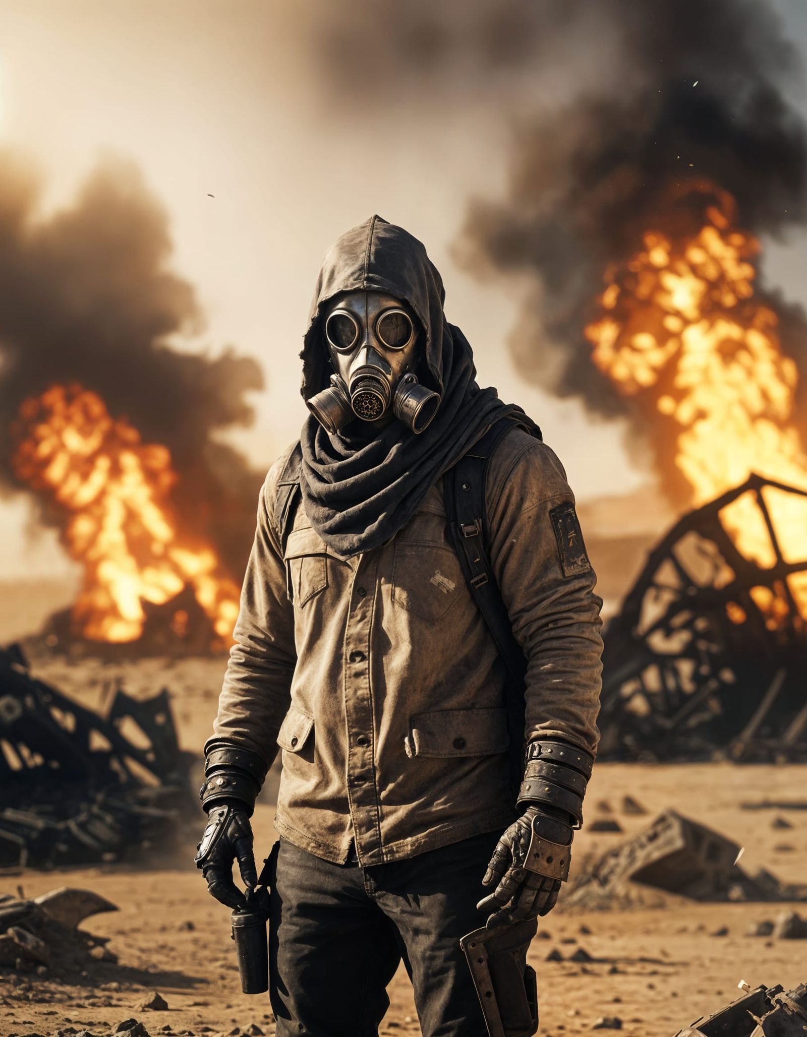 Dystopian Survivor in Burning Wasteland, Mad Max Style