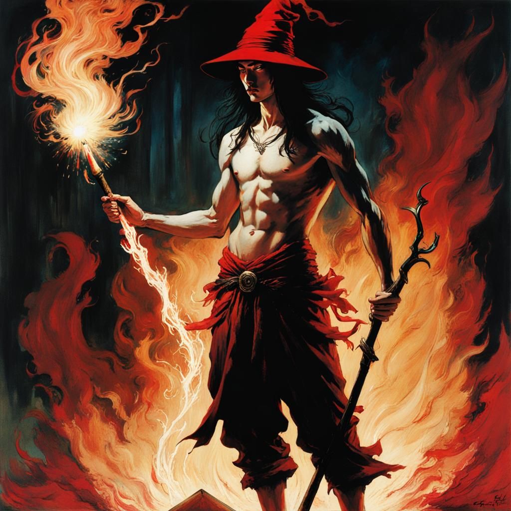 Wizard Casting Fire Spell in Christian Futurism Style