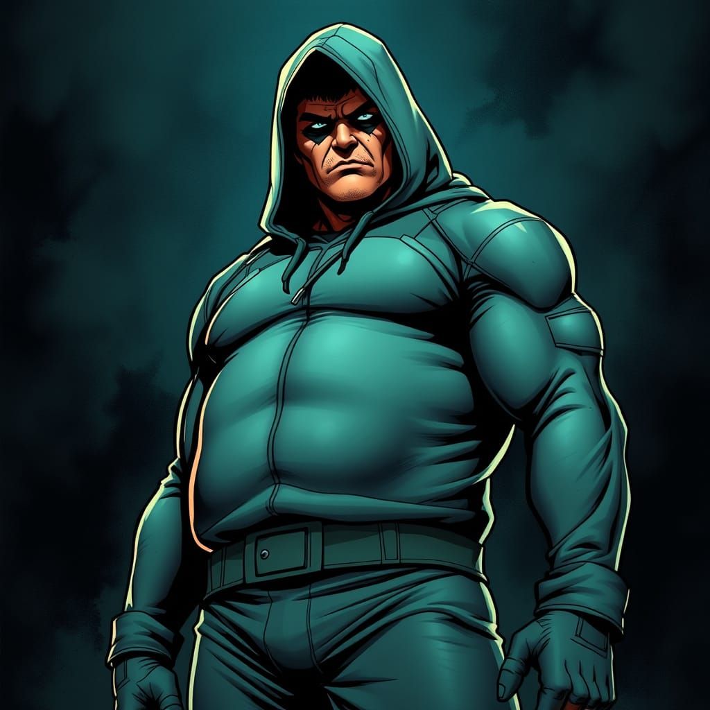 Gritty Comic Book Hero in Dark, Ominous Background