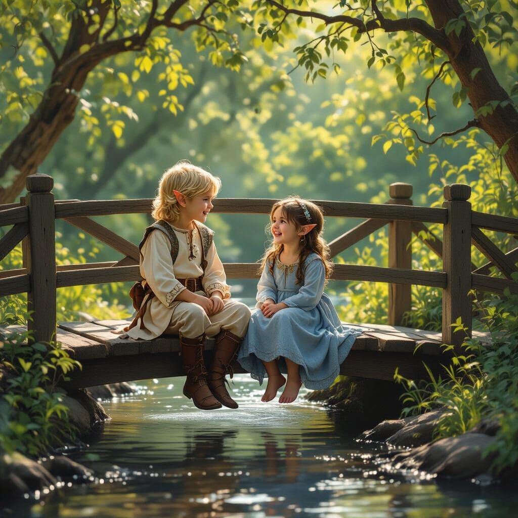 Elven Children on Bridge in Oil Realism