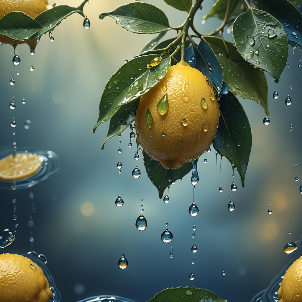 Lemon with Leaf and Water Droplets in Matte Painting Style