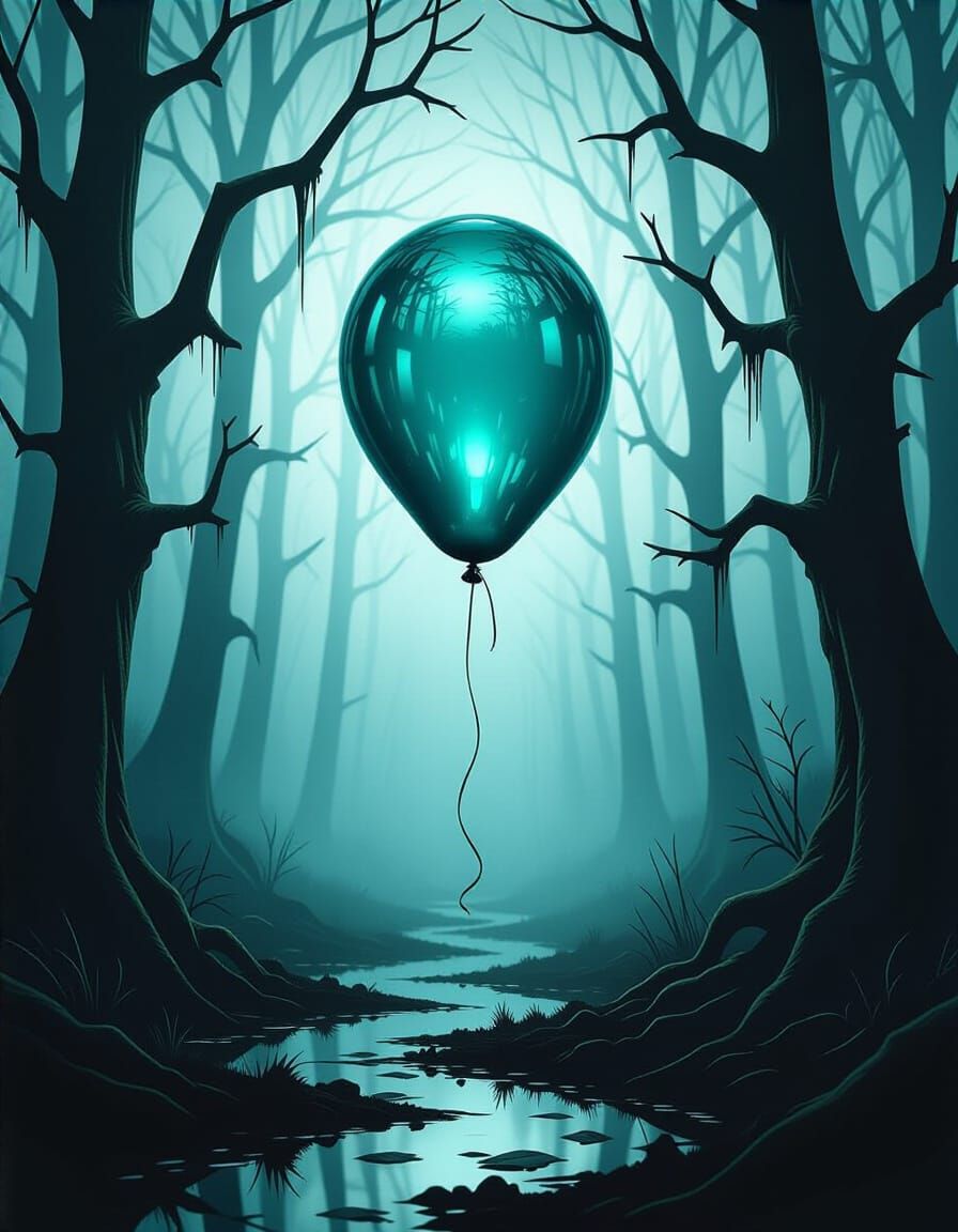 Glass Balloon in Haunted Forest, Matte Painting Style