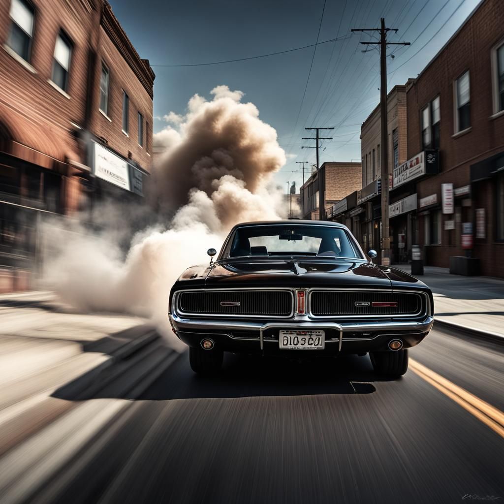 Black Dodge Charger Speeding Away: Hyperrealistic Car Chase