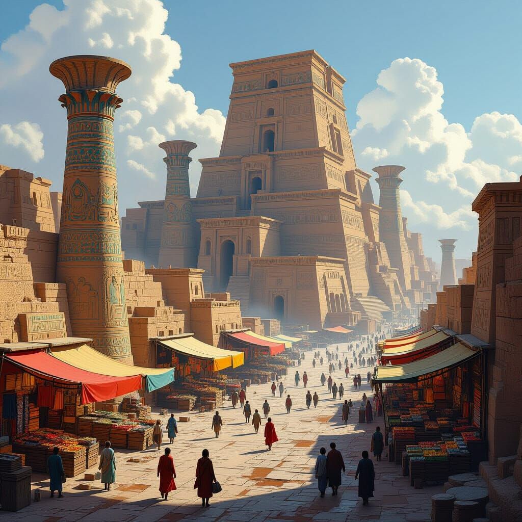 Babylonian Cityscape in Retrofuturistic Style