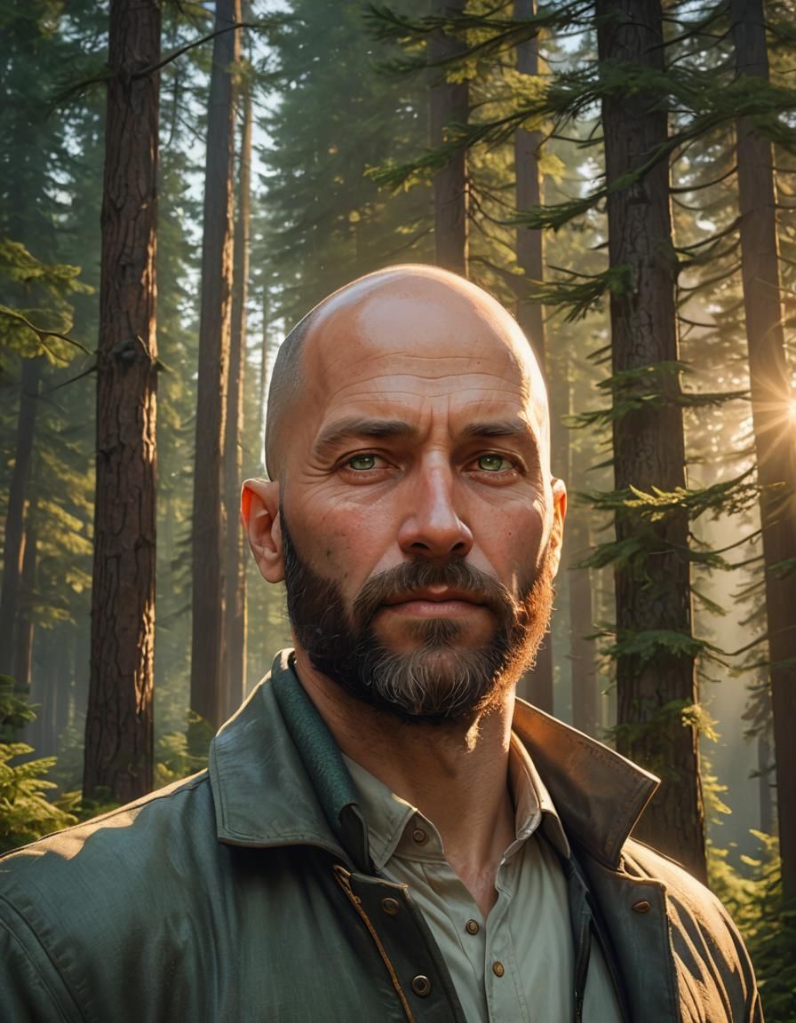 Handsome Man Portrait in Forest, Hyperdetailed Lighting