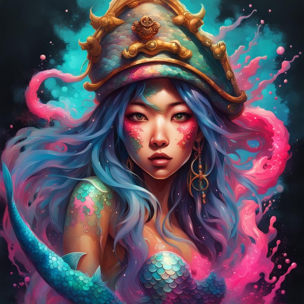 Glowing Asian Mermaid Pirate in Graffiti Art Style