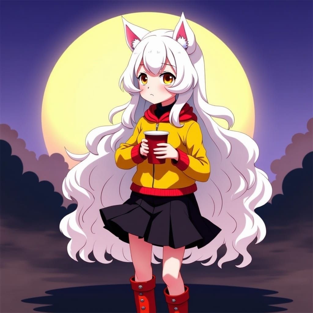 Whimsical Cat-Eared Girl Enjoying Coffee Under Moonlight