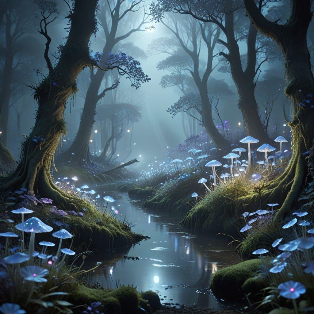 Dreamy Forest Scene in Whimsical Digital Art Style