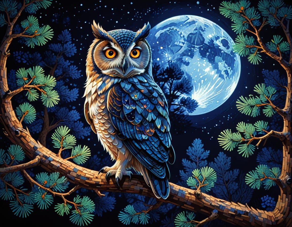 Mosaic Owl Under Moonlight in Blacklight Art Style