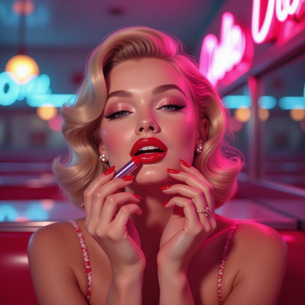 Blonde Applying Lipstick in Vargas Pin-Up Style