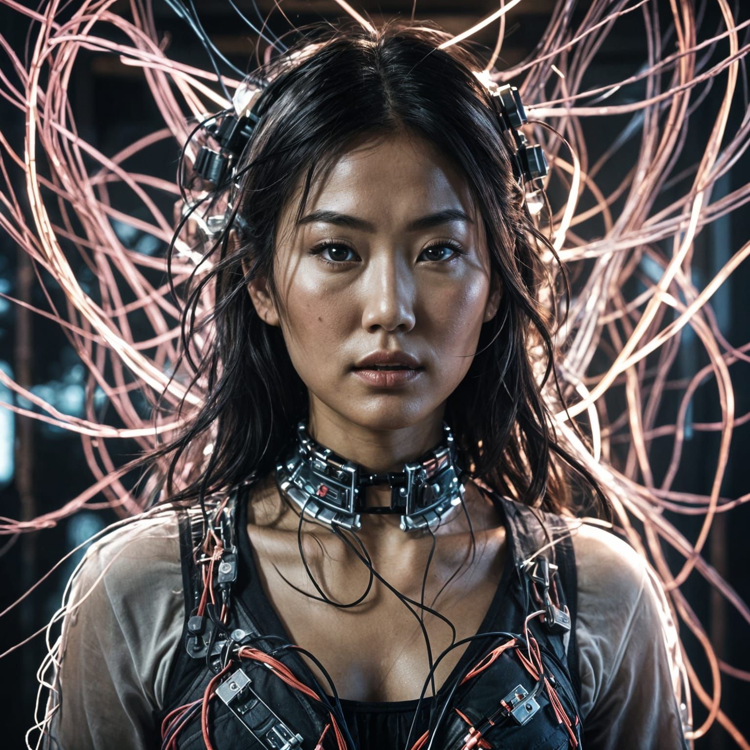 Woman Wired to Interface: Cinematic Film Still