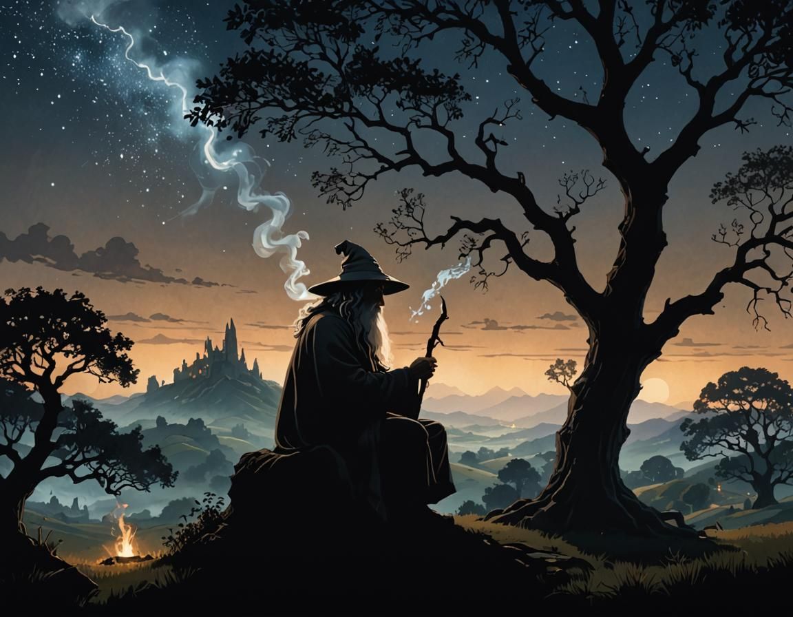 Gandalf Silhouette Smoking Pipe Under Night Sky