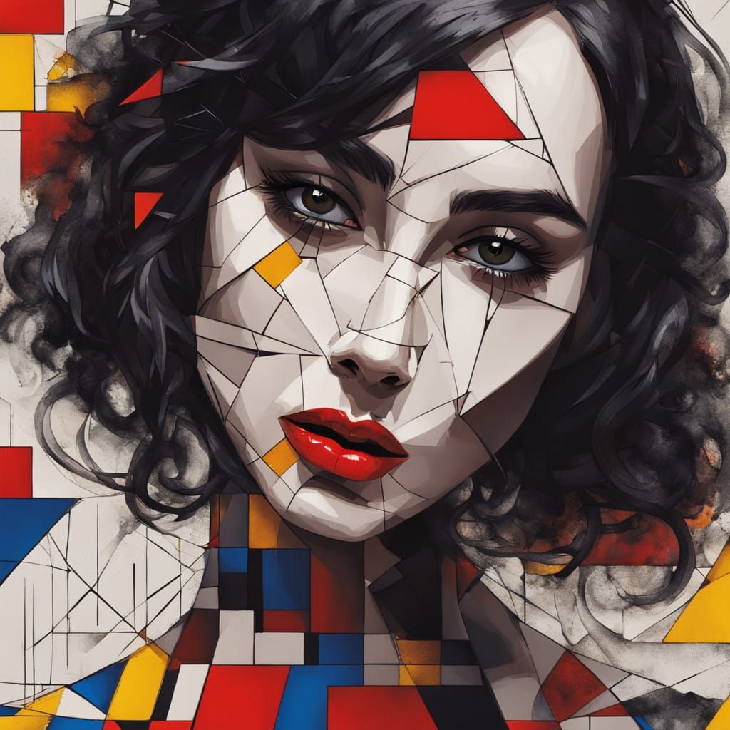 Surrealist Portrait in Geometric Style with Bold, Abstract B...