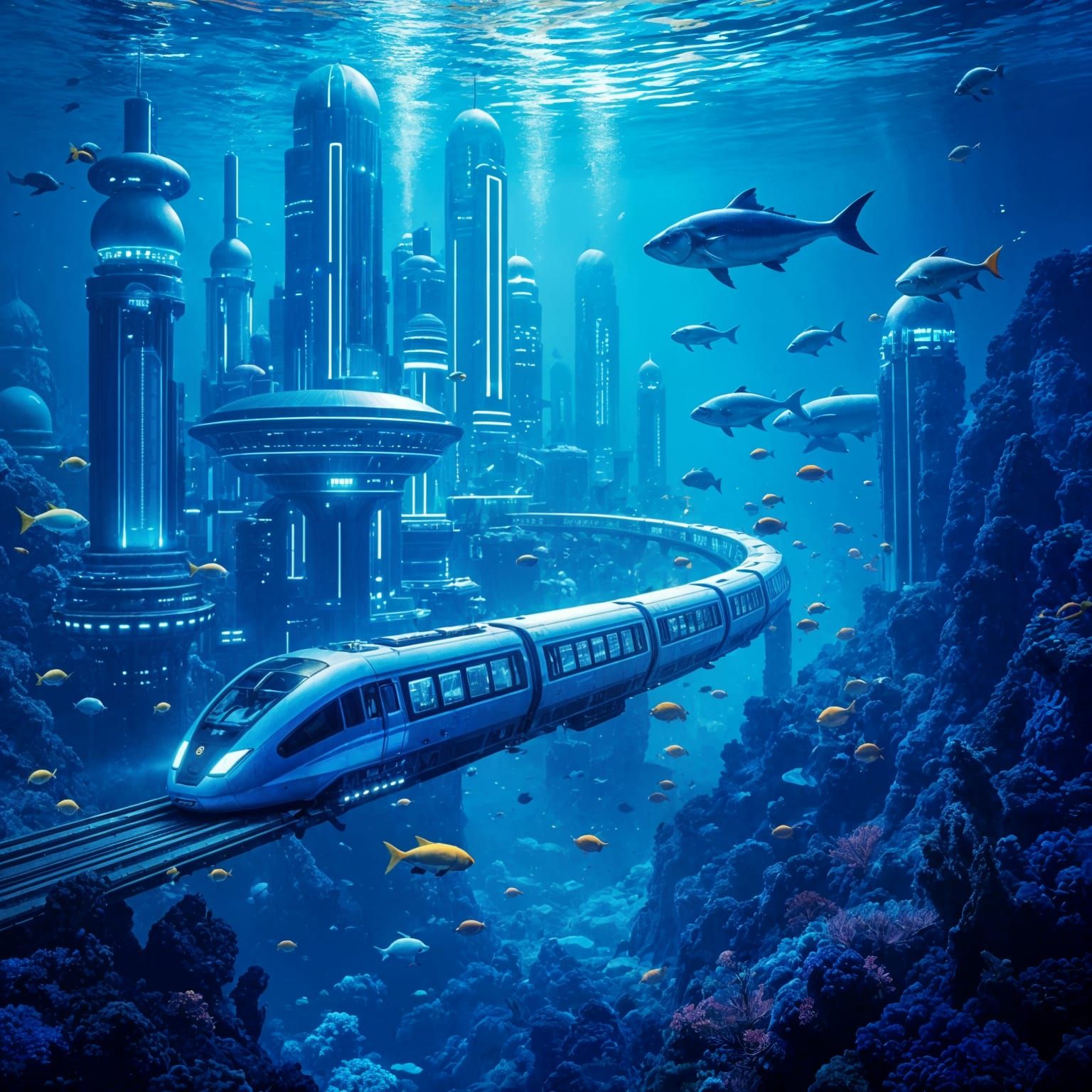Underwater City with Fish in Detailed Concept Art