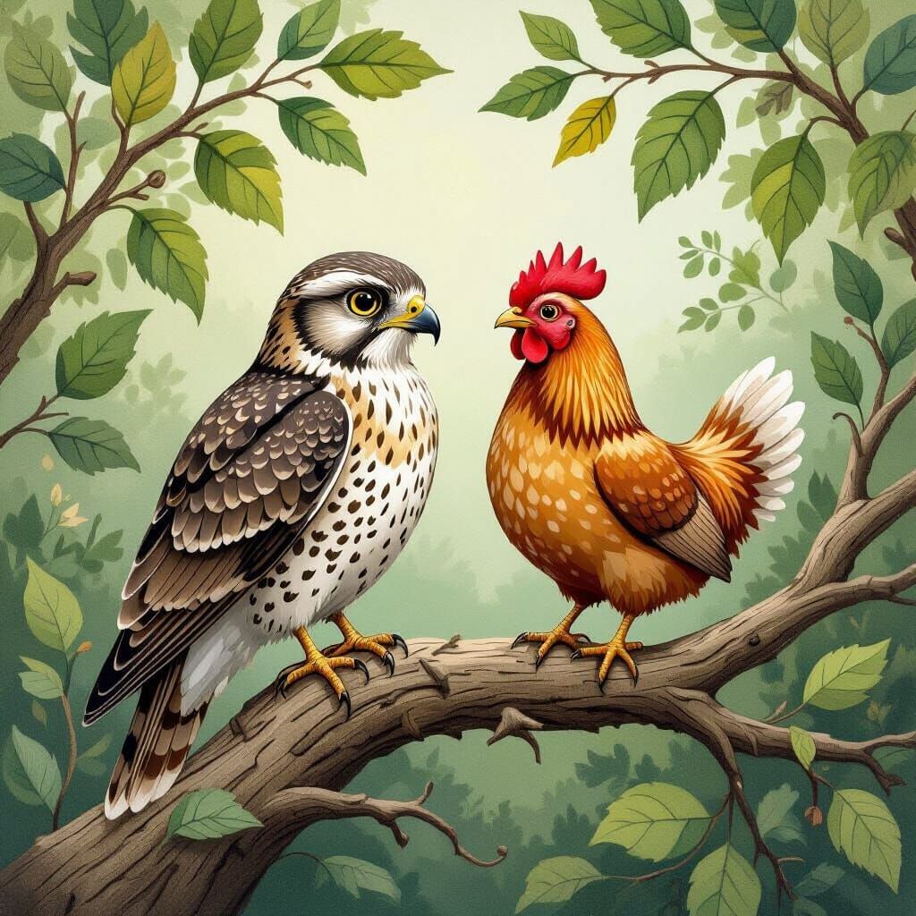 Hawk and Chicken on Tree Branch in Whimsical Style