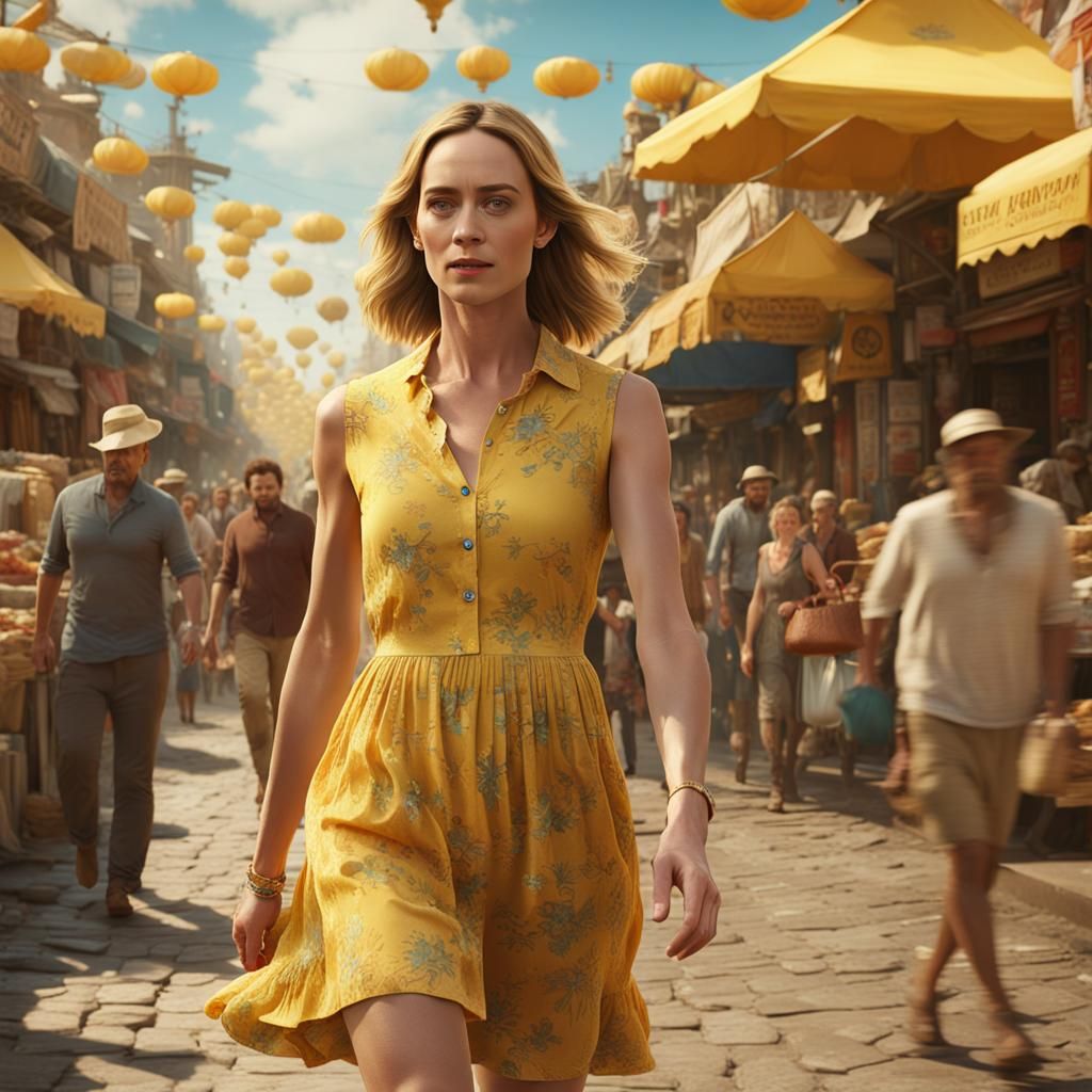 Emily Blunt in Yellow Dress: Detailed Digital Painting