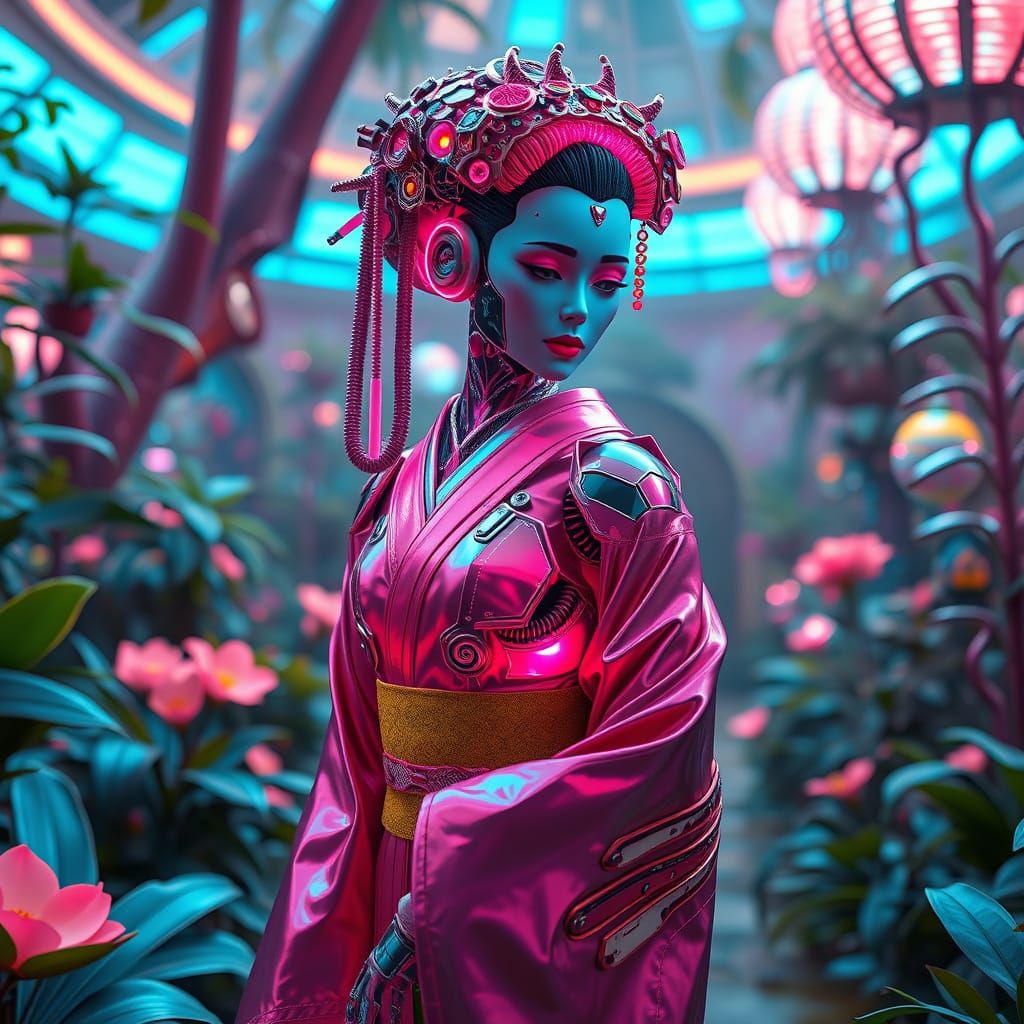 Futuristic Robotic Geisha in Cyberpunk Garden