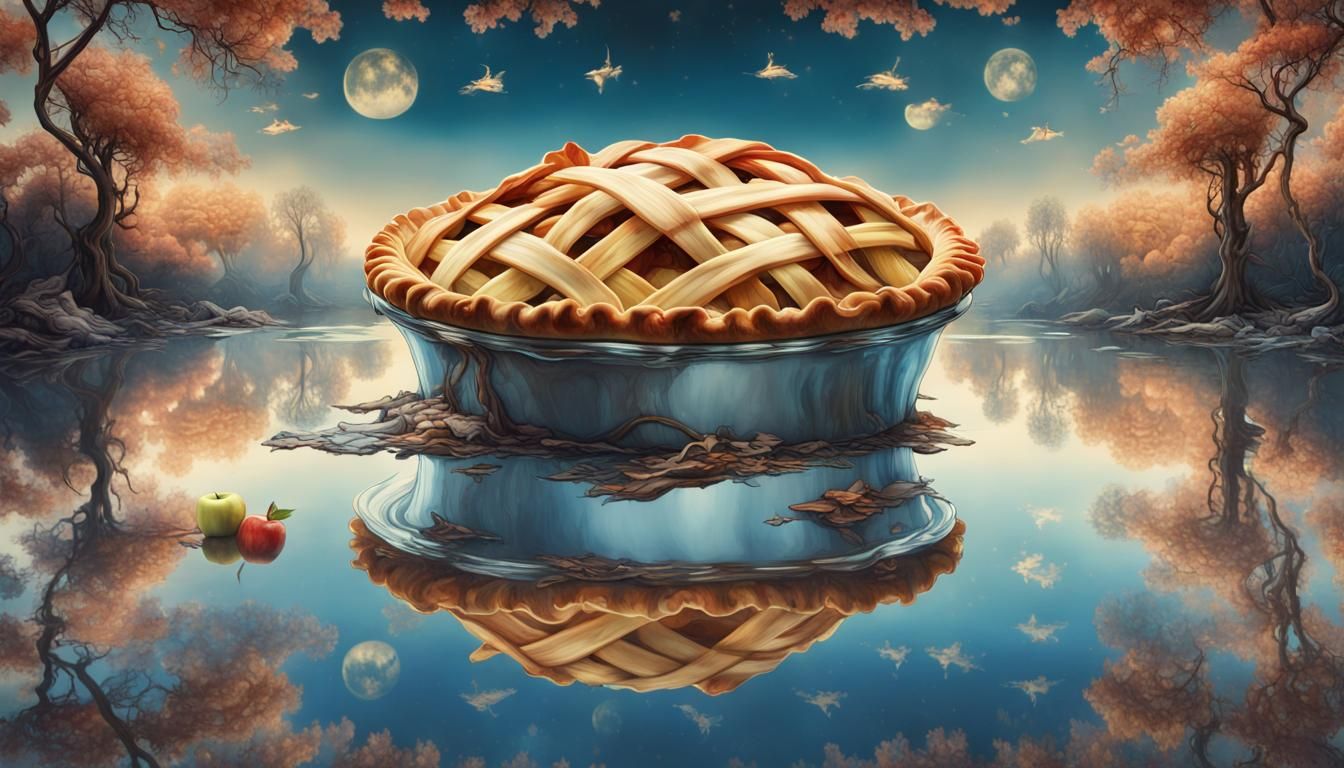 Surreal Apple Pie Mirrored in Fantasy Landscape