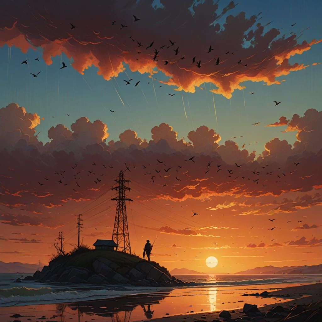 Birds Silhouetted at Sunset in Warm Tones