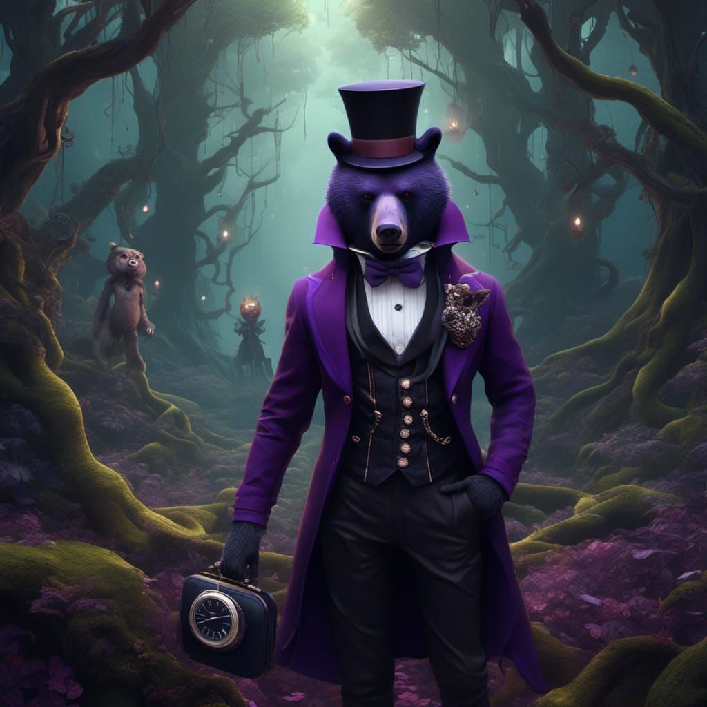 Dire Bear in Tuxedo with Drow Elf in Dark Forest