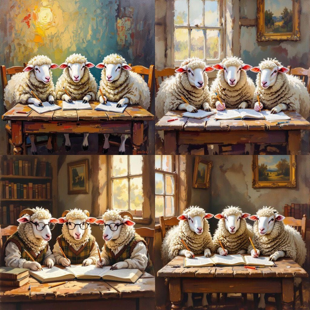 Dorset Sheep Doing Homework With Pencils in Gouache Style