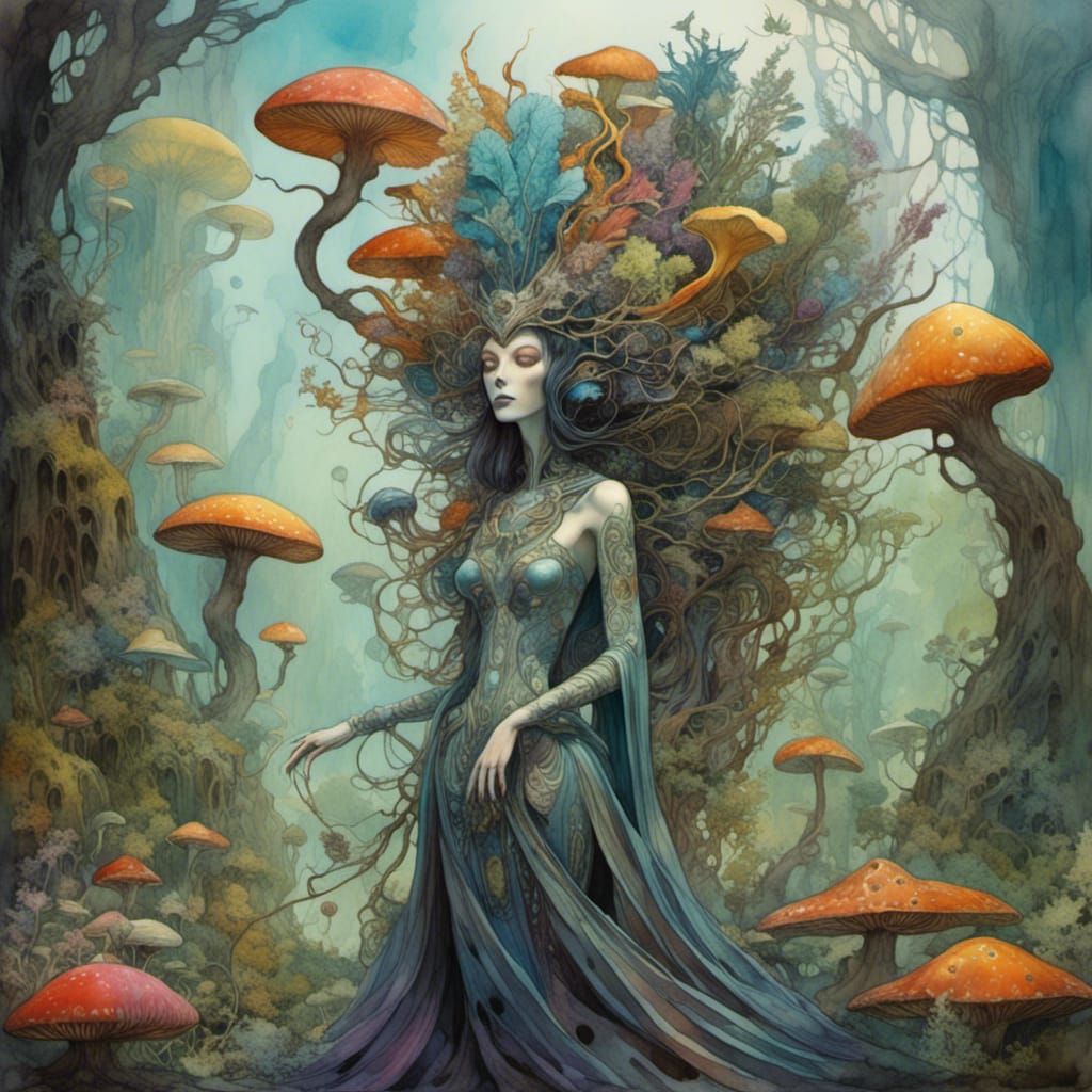 Alien Plant Queen in Romantic Watercolor Style