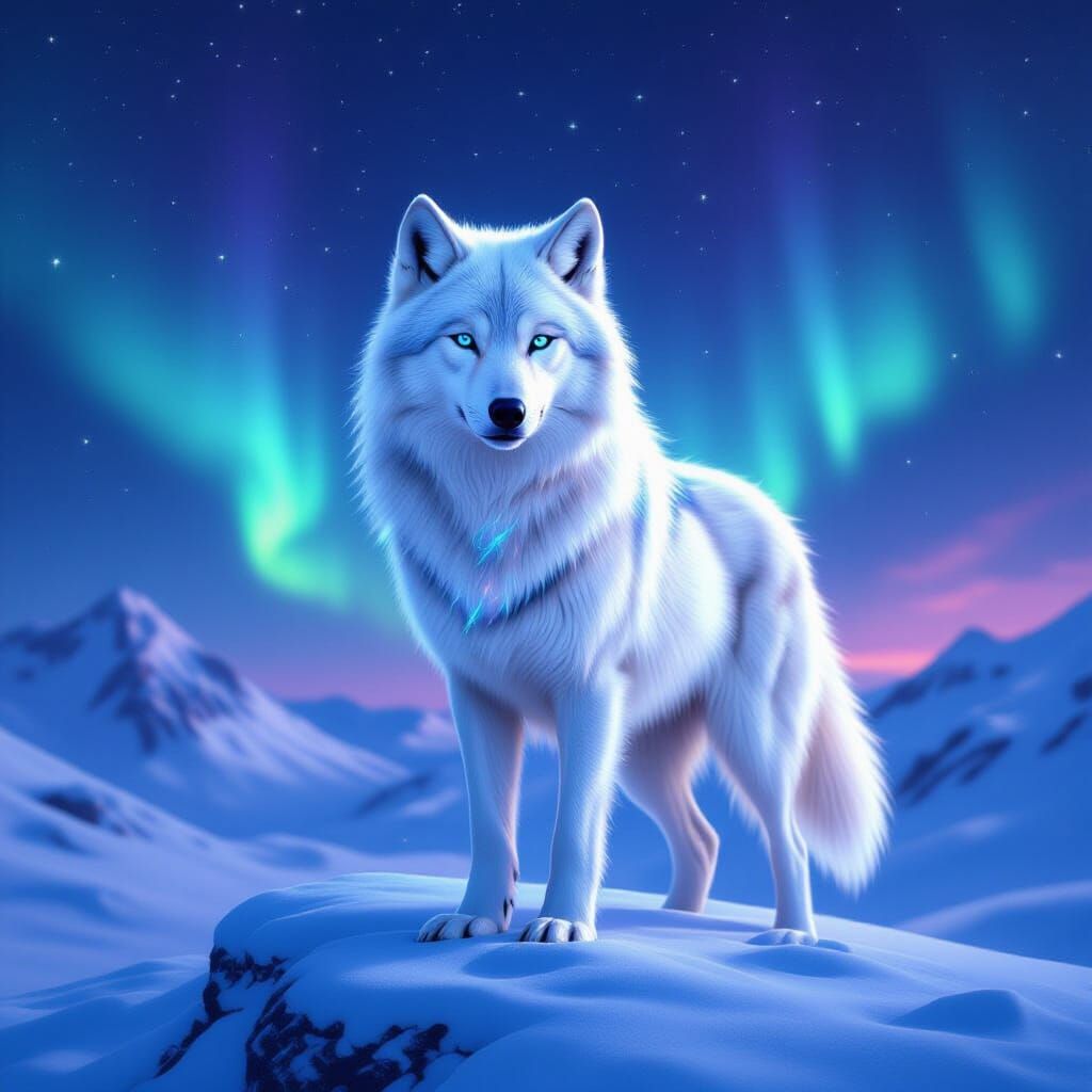 Cosmic Wolf Guarding Winter Wilderness Under Northern Lights