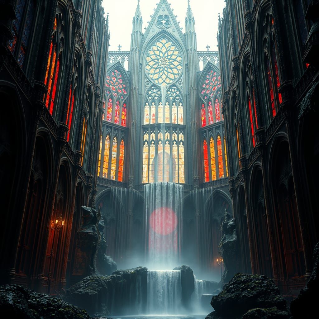 Gothic Cathedral Waterfall in Dark Fantasy Style
