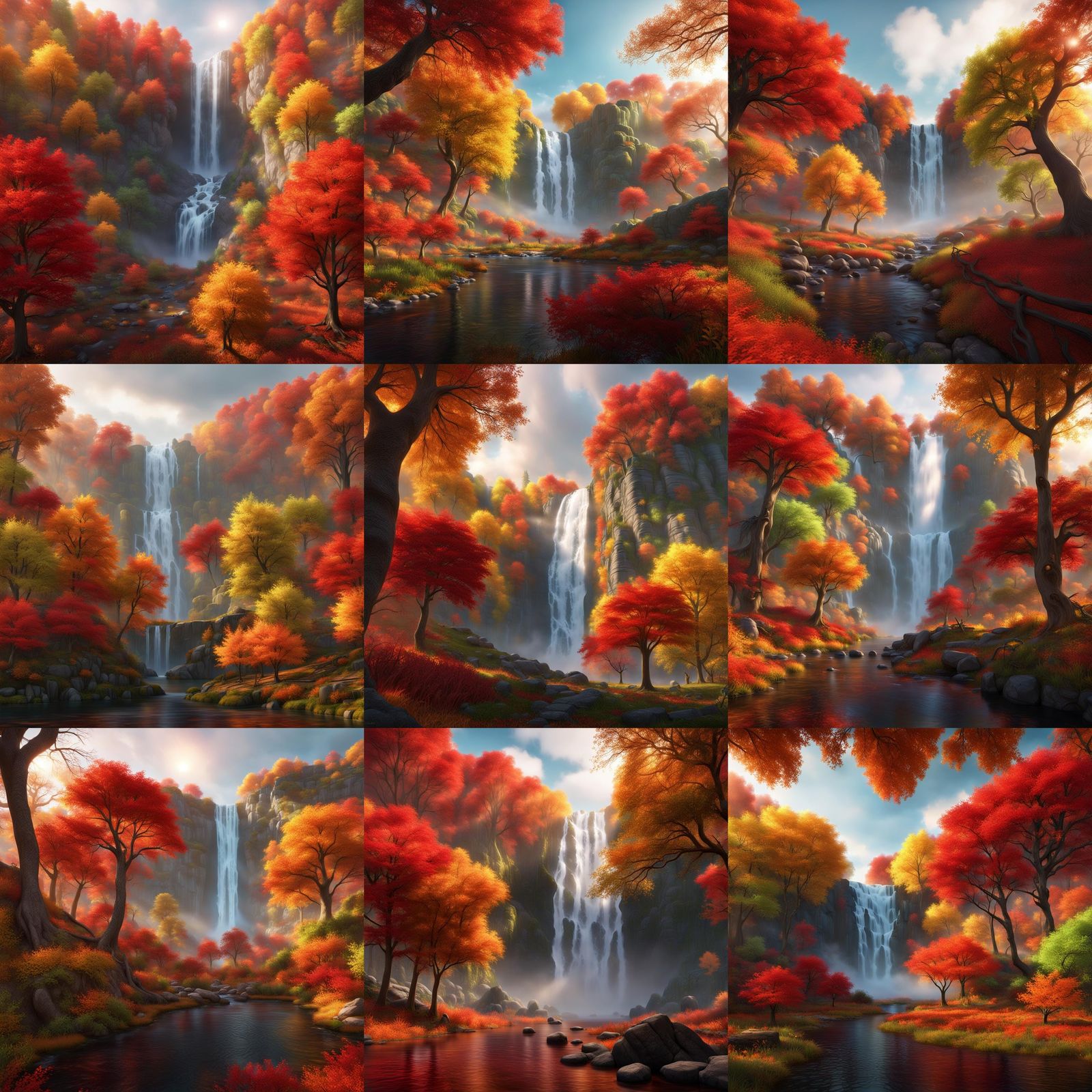 Autumnal Waterfall Scene in Detailed Matte Painting