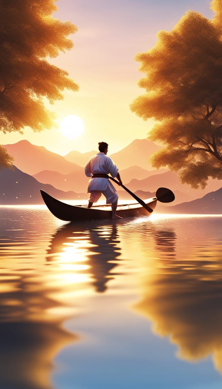Karateka Paddling Canoe in Golden Hour Light