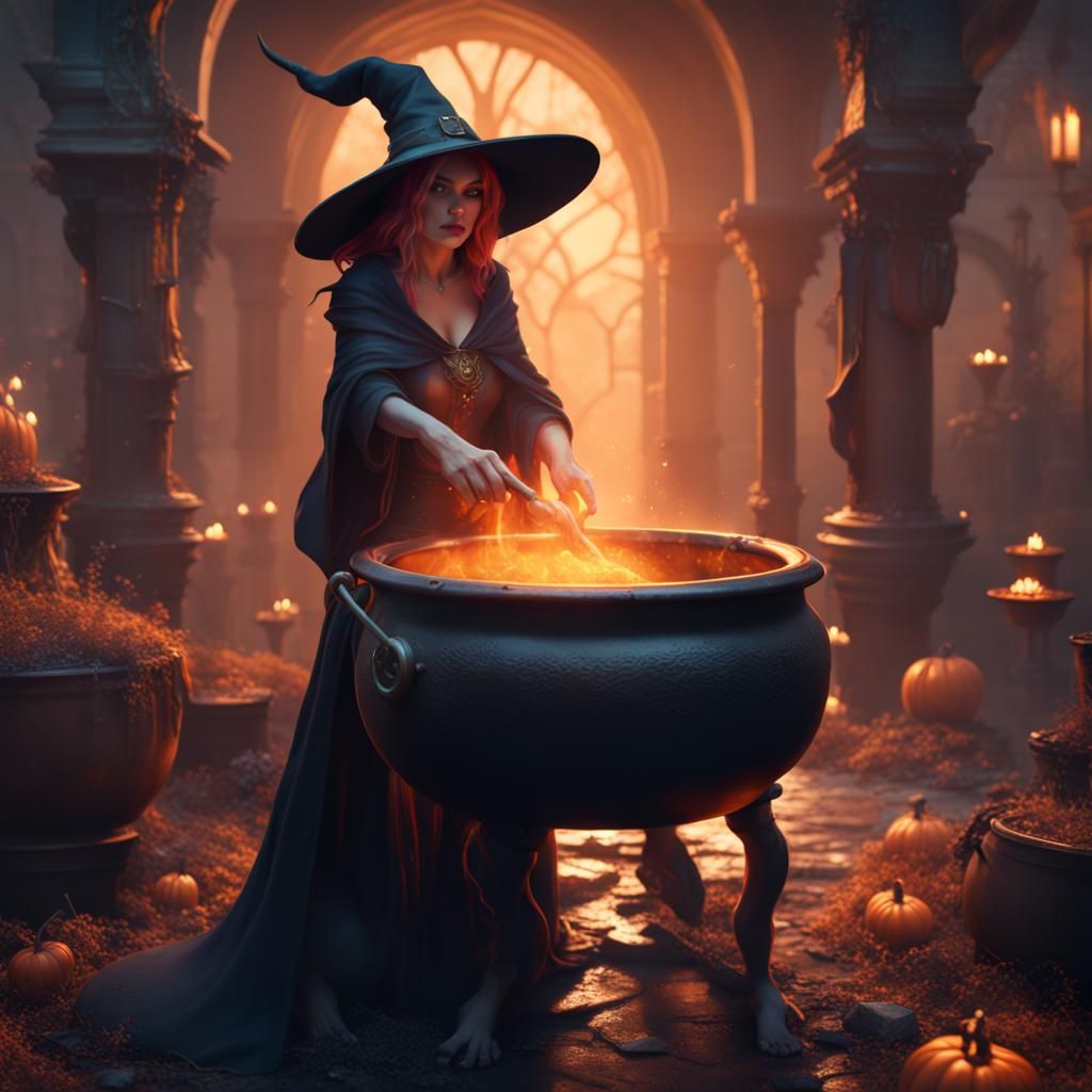 Gorgeous Witch Stirring Cauldron: Detailed Matte Painting